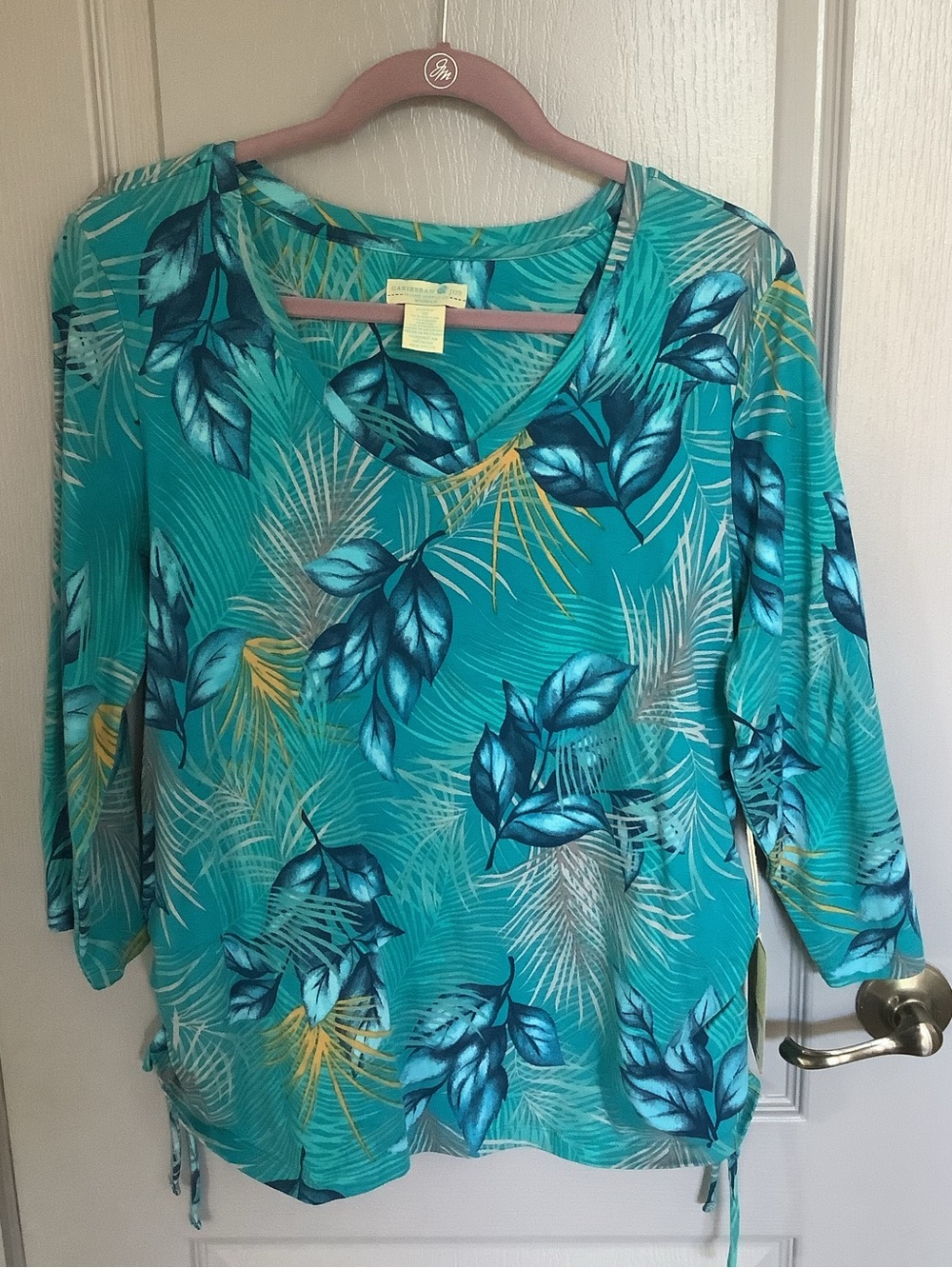 Caribbean Joe Womens Teal Tropical V-Neck Blouse